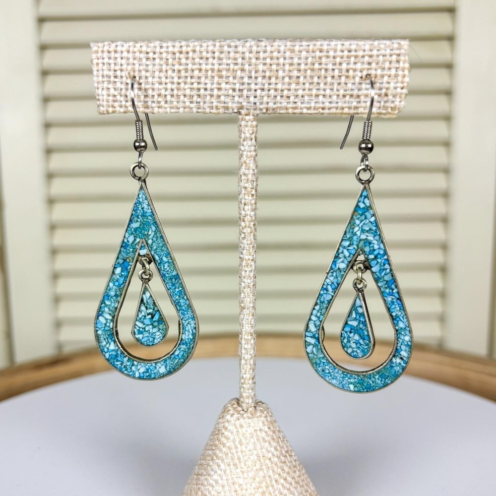Artisan Vintage Turquoise Chip Inlay Silver Teardrop Earrings Southwestern Boho